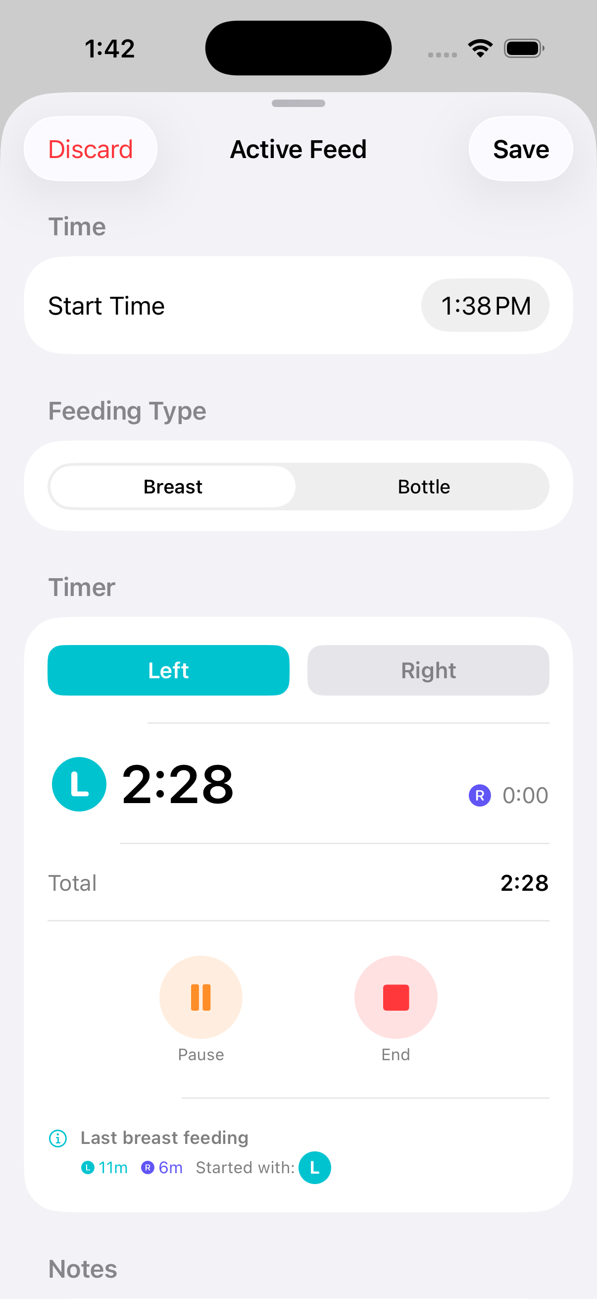 Active feeding session timer