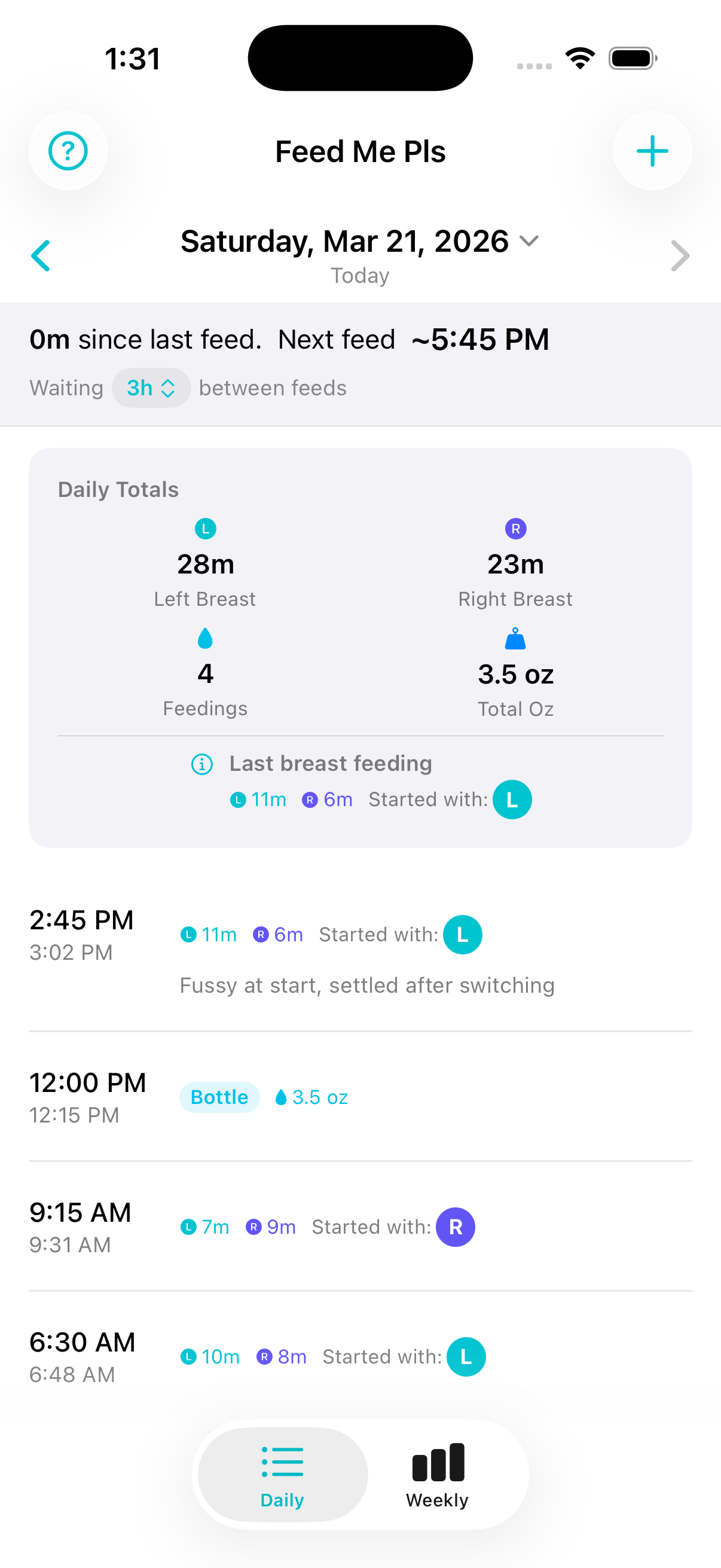 Daily feeding log showing totals and entry list